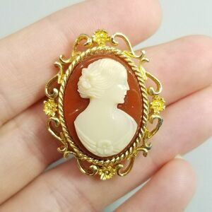 Vintage Red and White Oval Cameo Brooch, Gold Tone Floral Frame Lapel Pin